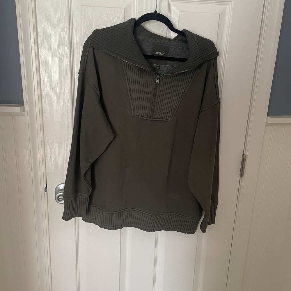 Aerie Quarter Zip Ribbed Sweater Sweatshirt Olive Green Medium New With Tags